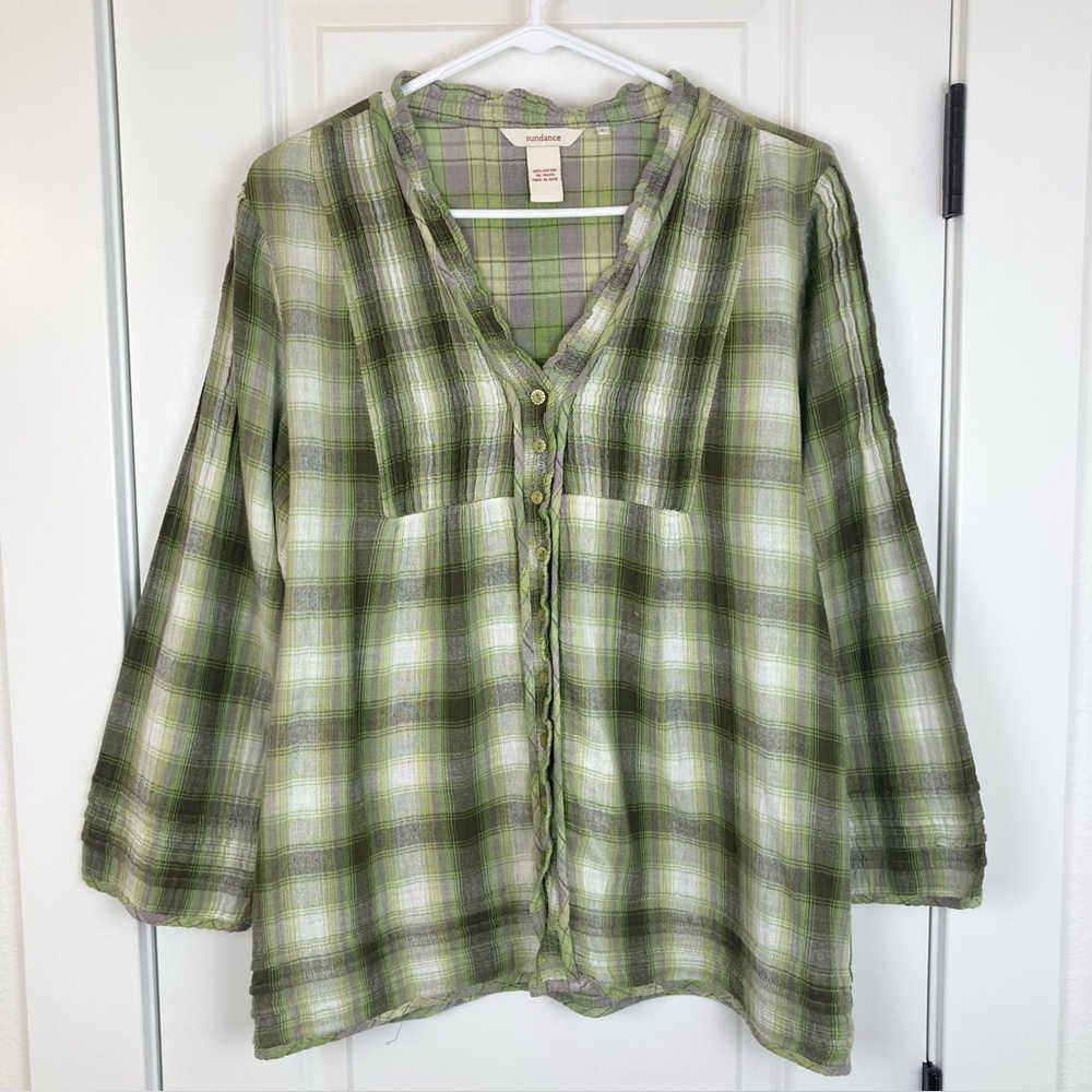 Sundance Peasant Babydoll Plaid Button Front Blouse 100% Cotton Top Green Large